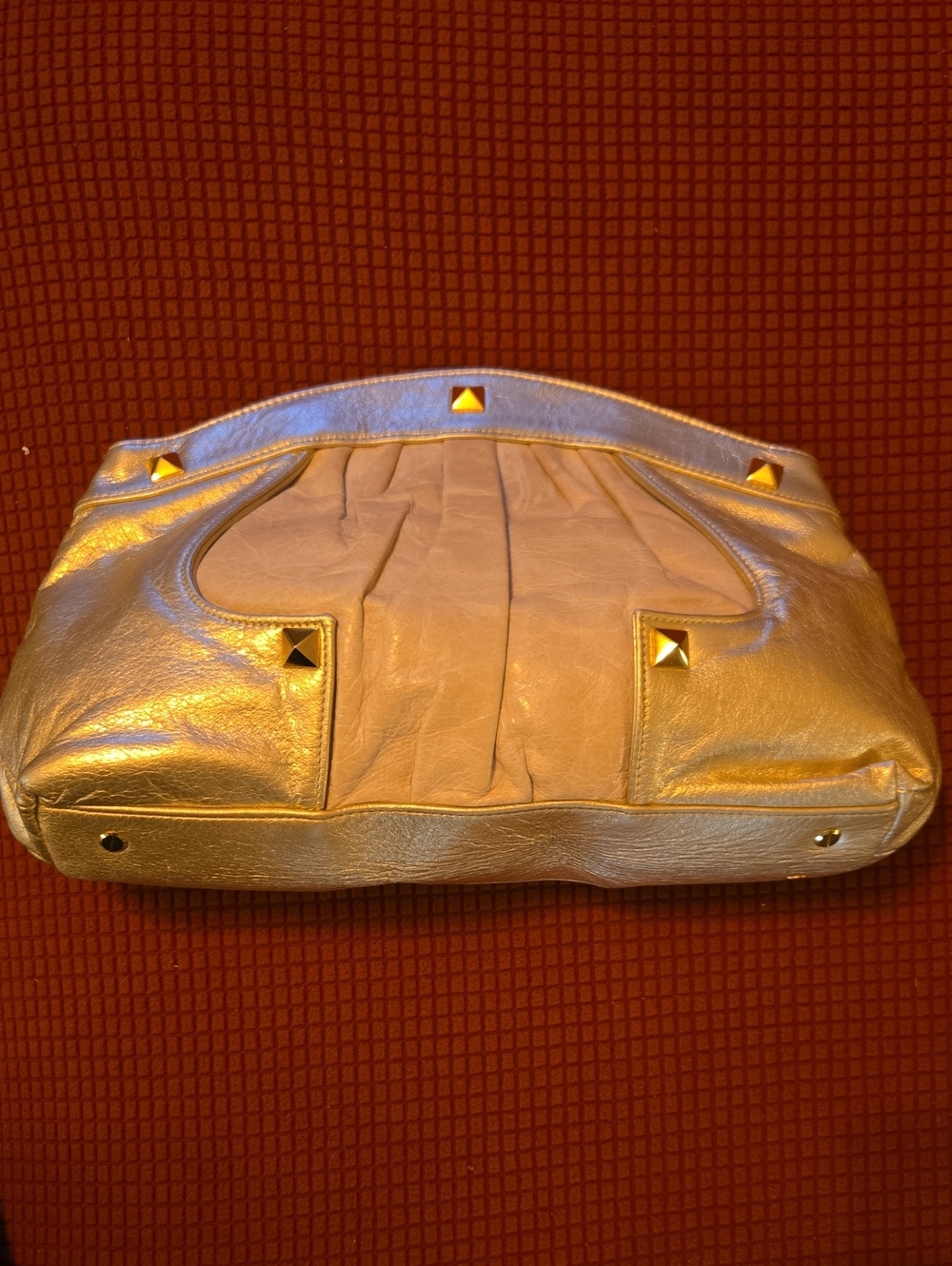 Vtg Rebecca Minkoff No Strings Attached Metallic Gold Leather Studded Clutch EUC